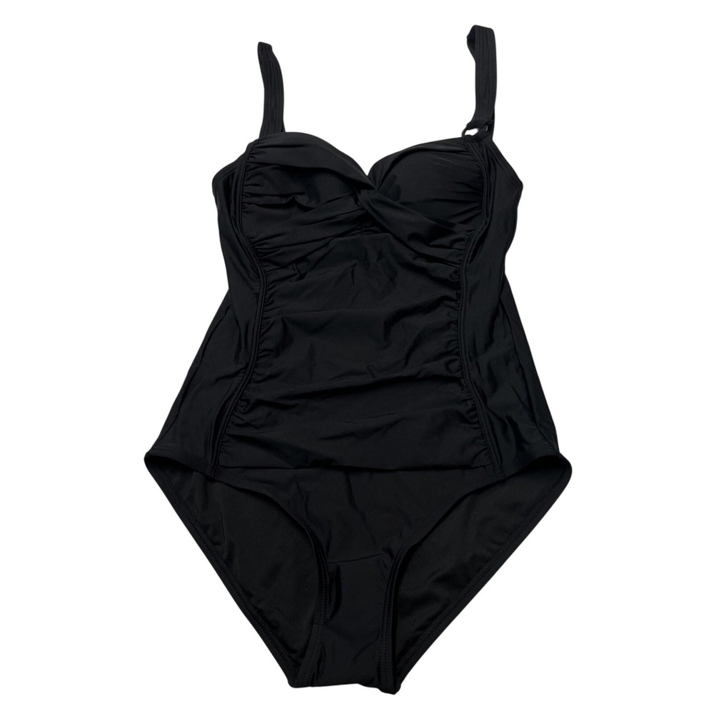 DKNY Swimsuit Black Ruched Twist Bodie One‎ Piece Size M Flattering Beach Resort